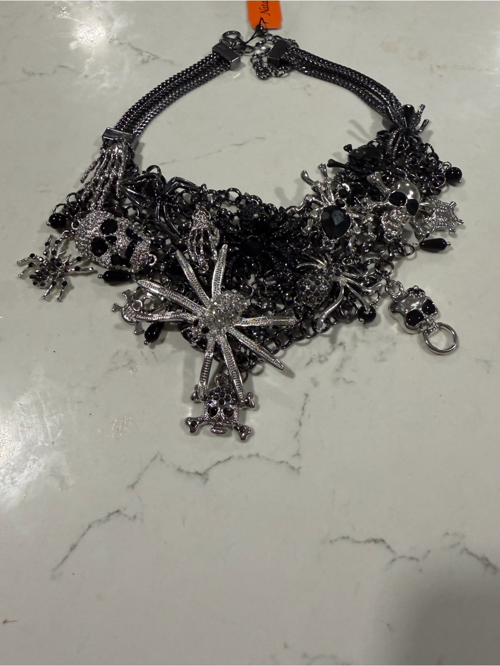 Natasha Couture Black and Silver Spider & Skull Charm Necklace